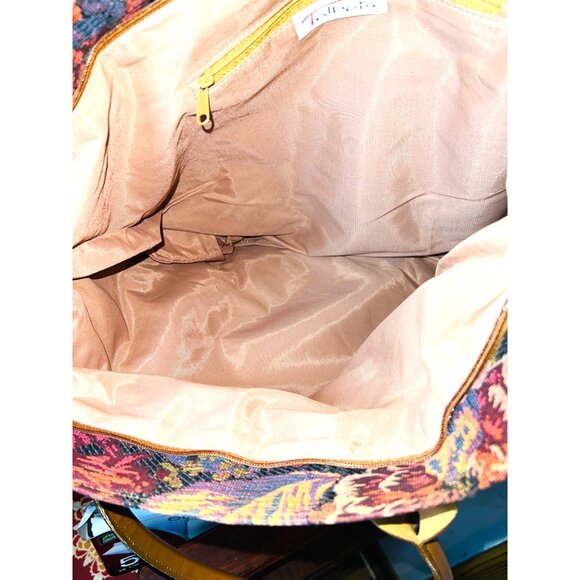 Floral Tapestry Tote Bag With Leather Handles Talbots Large Interior Pocket Zip - Picture 3 of 10